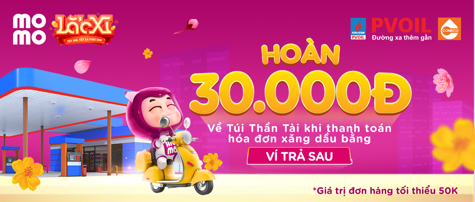 Lắc Xì hăng hái, rinh ngay thẻ quà hoàn 30.000đ hóa đơn xăng dầu từ Ví Trả Sau trên Ví MoMo